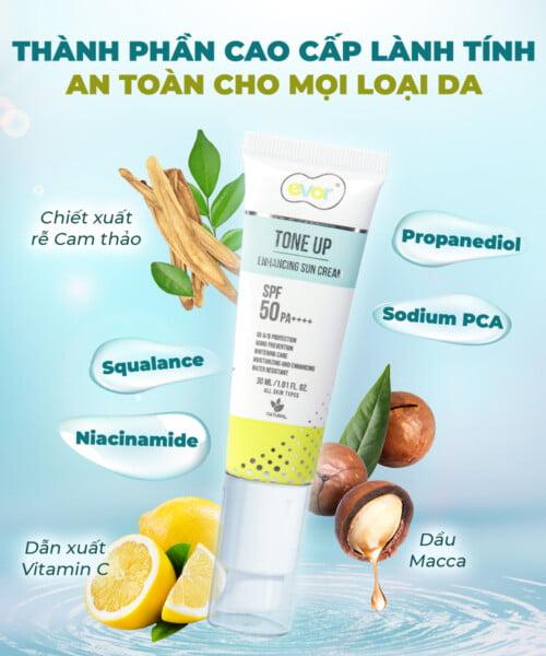 Kem chống nắng nâng tone makeup trẻ hoá dưỡng trắng - Tone Up Enhancing Sun Cream 30ml | EVOR